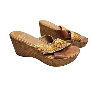 Sotto Sotto Woven Straw &‎ Brown Leather Wedge Sandals Size 38 7 Made In Italy